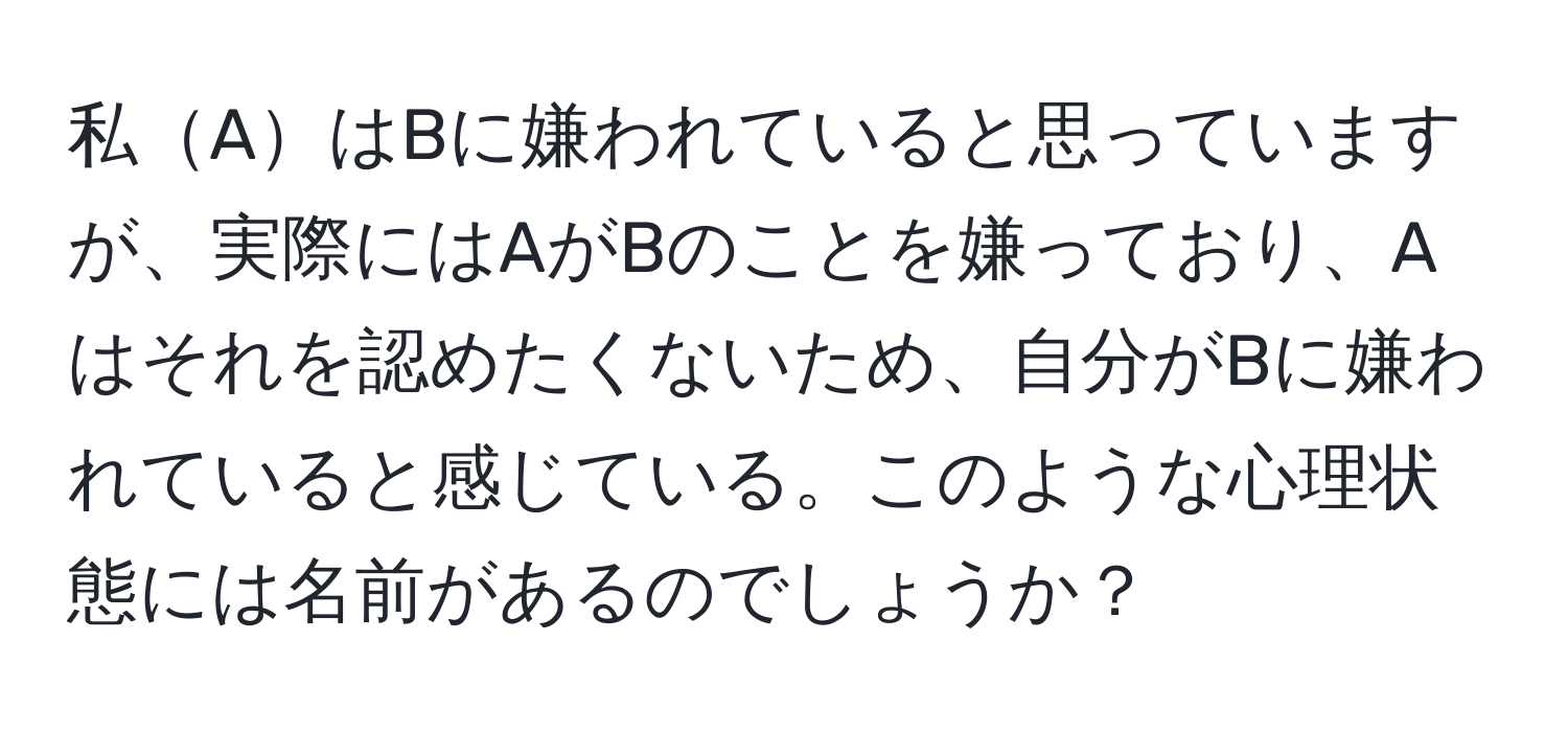 私AはBに嫌われていると思っていますが、実際にはAがBのことを嫌っており、Aはそれを認めたくないため、自分がBに嫌われていると感じている。このような心理状態には名前があるのでしょうか？