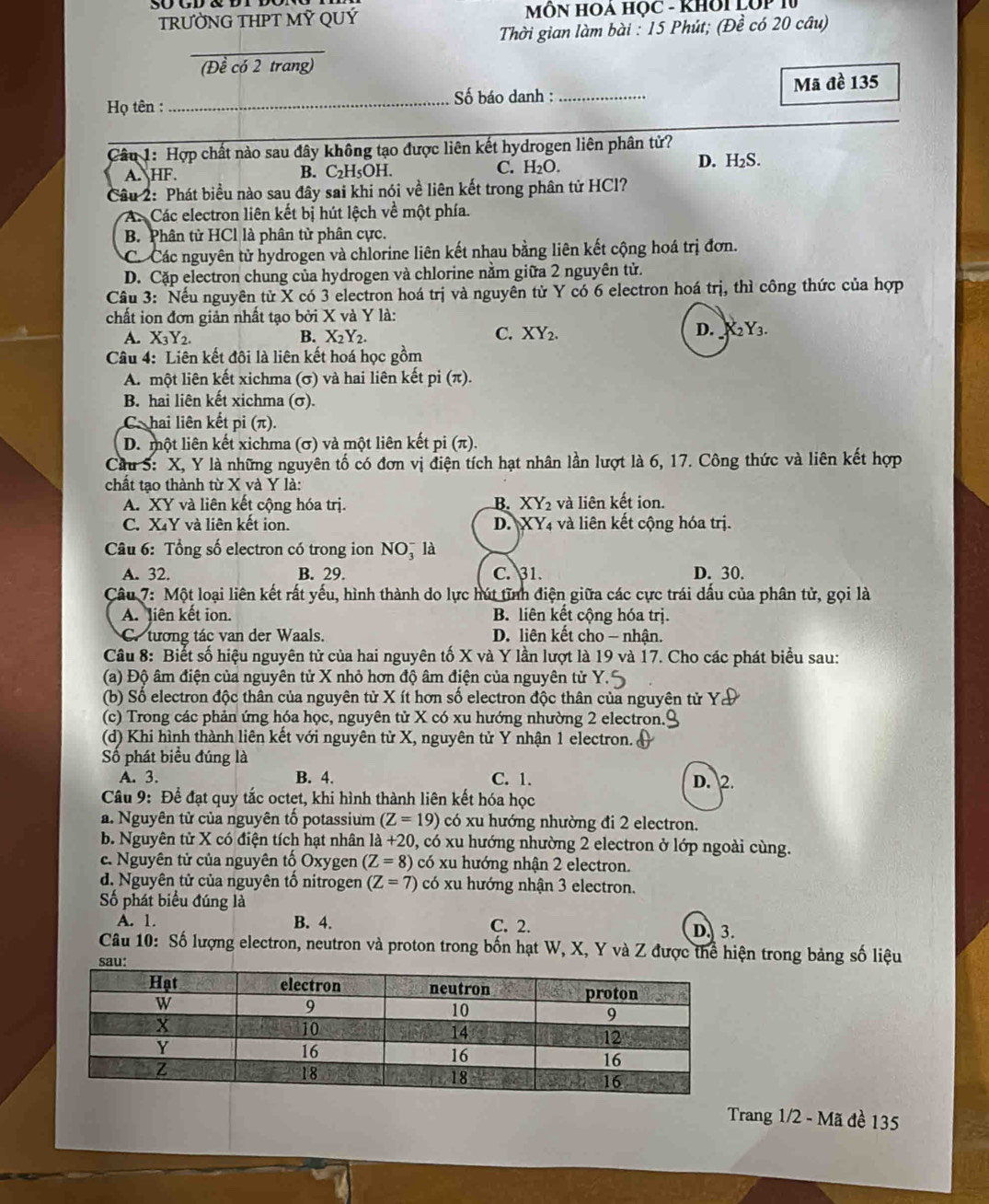 TRƯỜNG THPT MỸ QUÝ  MÔN HOA HỌC - KHOI LớP 1V
Thời gian làm bài : 15 Phút; (Đề có 20 câu)
_
(Đề có 2 trang)
Họ tên :_   ố báo danh : _Mã đề 135
Câu 1: Hợp chất nào sau đây không tạo được liên kết hydrogen liên phân tử?
D. H_2S.
B.
A. HF. C_2H_5OH.
C. H_2O.
Câu 2: Phát biểu nào sau đây sai khi nói về liên kết trong phân tử HCl?
A. Các electron liên kết bị hút lệch về một phía.
B. Phân từ HCl là phân tử phân cực.
Cá Các nguyên tử hydrogen và chlorine liên kết nhau bằng liên kết cộng hoá trị đơn.
D. Cặp electron chung của hydrogen và chlorine nằm giữa 2 nguyên tử.
Câu 3: Nếu nguyên từ X có 3 electron hoá trị và nguyên từ Y có 6 electron hoá trị, thì công thức của hợp
chất ion đơn giản nhất tạo bởi X và Y là:
A. X_3Y_2. B. X_2Y_2. C. XY_2. D. X_2Y_3.
Câu 4: Liên kết đôi là liên kết hoá học gồm
A. một liên kết xichma (σ) và hai liên kết pi (π).
B. hai liên kết xichma (σ).
C hai liên kết pi (π
D. một liên kết xichma (σ) và một liên kết pi (π).
Cầu S: X, Y là những nguyên tố có đơn vị điện tích hạt nhân lần lượt là 6, 17. Công thức và liên kết hợp
chất tạo thành từ X và Y là:
A. XY và liên kết cộng hóa trị. B. XY_2 và liên kết ion
C. X₄Y và liên kết ion. D. XY4 và liên kết cộng hóa trị.
Câu 6: Tổng số electron có trong ion NO, là
A. 32. B. 29. C. 31. D. 30.
Câu 7: Một loại liên kết rất yếu, hình thành do lực hút tĩnh điện giữa các cực trái dấu của phân tử, gọi là
A. liên kết ion. B liên kết cộng hóa trị.
C. tương tác van der Waals.  D. liên kết cho - nhận.
Câu 8: Biết số hiệu nguyên tử của hai nguyên tố X và Y lần lượt là 19 và 17. Cho các phát biểu sau:
(a) Độ âm điện của nguyên tử X nhỏ hơn độ âm điện của nguyên tử Y
(b) Số electron độc thân của nguyên tử X ít hơn số electron độc thân của nguyên tử Ya
(c) Trong các phản ứng hóa học, nguyên tử X có xu hướng nhường 2 electron.'
(d) Khi hình thành liên kết với nguyên từ X, nguyên tử Y nhận 1 electron.
Số phát biểu đúng là
A. 3. B. 4. C. 1. D. 2.
Câu 9: Để đạt quy tắc octet, khi hình thành liên kết hóa học
a. Nguyên tử của nguyên tố potassium (Z=19) có xu hướng nhường đi 2 electron.
b. Nguyên tử X có điện tích hạt nhân là +20, có xu hướng nhường 2 electron ở lớp ngoài cùng.
c. Nguyên tử của nguyên tố Oxygen (Z=8) có xu hướng nhận 2 electron.
d. Nguyên tử của nguyên tổ nitrogen (Z=7) có xu hướng nhận 3 electron.
Số phát biểu đúng là
A. 1. B. 4. C. 2. D. 3.
Câu 10: Số lượng electron, neutron và proton trong bốn hạt W, X, Y và Z được thể hiện trong bảng số liệu
Trang 1/2 - Mã đề 135