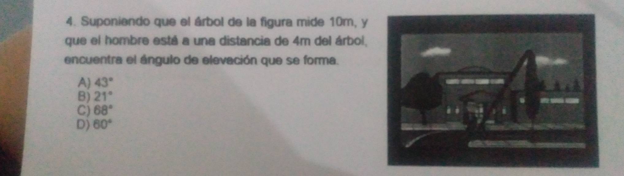 Suponiendo que el árbol de la figura mide 10m, y
que el hombre está a una distancia de 4m del árbol,
encuentra el ángulo de elevación que se forma.
A) 43°
B) 21°
C) 68°
D) 60°