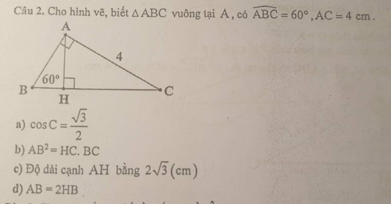 Cho hình vẽ, biết △ ABC vuông tại A, có widehat ABC=60°,AC=4cm.
a) cos C= sqrt(3)/2 
b) AB^2=HC.BC
c) Độ dài cạnh AH bằng 2sqrt(3)(cm)
d) AB=2HB