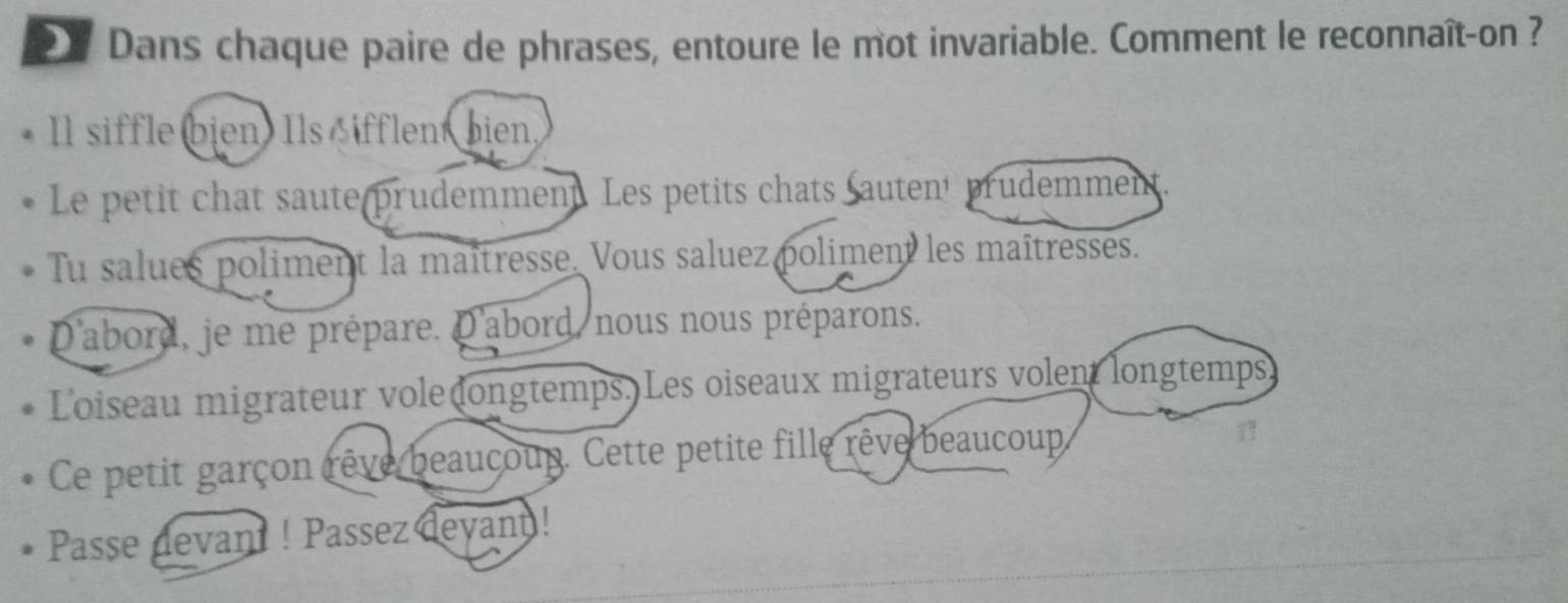 Dans chaque paire de phrases, entoure le mot invariable. Comment le reconnaît-on ? 
Il siffle bien. Ils ifflent bien, 
Le petit chat saute prudemment Les petits chats autent prudemment. 
Tu salues poliment la maîtresse. Vous saluez poliment les maîtresses. 
D'abord, je me prépare. D'abord, nous nous préparons. 
Loiseau migrateur vole (ongtemps. Les oiseaux migrateurs volent longtemps 
Ce petit garçon rêve beaucoup. Cette petite fille rêve beaucoup 
Passe devant ! Passez devant !