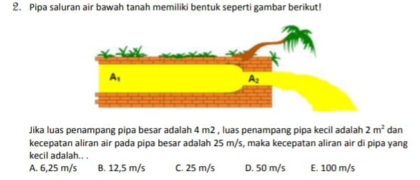 Pipa saluran air bawah tanah memiliki bentuk seperti gambar berikut!
Jika luas penampang pipa besar adalah 4 m2 , luas penampang pipa kecil adalah 2m^2 dan
kecepatan aliran air pada pipa besar adalah 25 m/s, maka kecepatan aliran air di pipa yang
kecil adalah.. .
A. 6,25 m/s B. 12,5 m/s C. 25 m/s D. 50 m/s E. 100 m/s