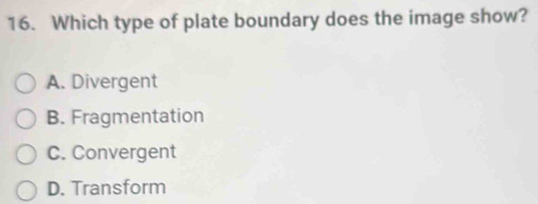 Which type of plate boundary does the image show?
A. Divergent
B. Fragmentation
C. Convergent
D. Transform