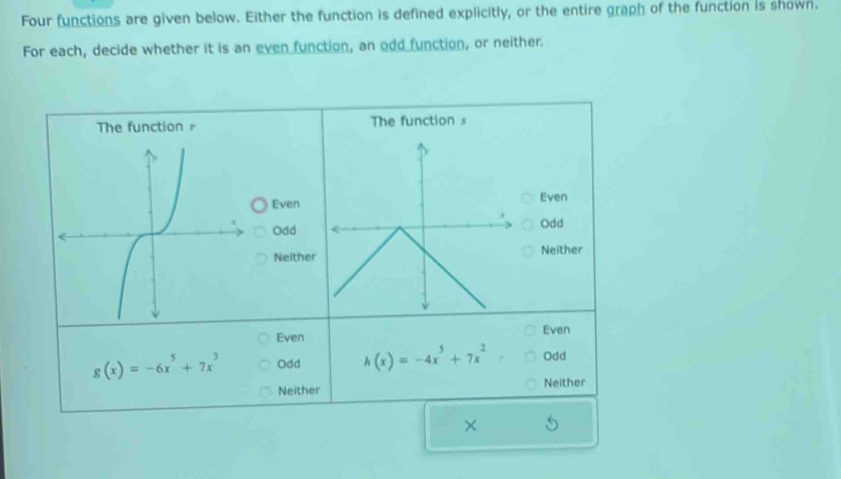 Four functions are given below. Either the function is defined explicitly, or the entire graph of the function is shown.
For each, decide whether it is an even function, an odd function, or neither.
The function r The function s
EvenEven
Odd
Odd
NeitherNeither
Even Even
g(x)=-6x^5+7x^3 Odd h(x)=-4x^5+7x^2- Odd
Neither Neither
×