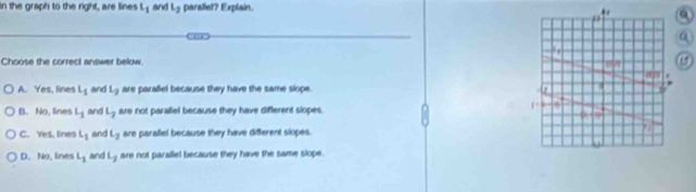 In the graph to the right, are lines L_1 and L_2 parallet? Explain.
Choose the correct answer below.
A. Yes, lines L_1 and L_2 are parallel because they have the same slope.
B. No, lines L_1 and L_2 are not paraliel because they have different slopes.
C. Yes, lines L_1 and L_2 are parallel because they have different slopes.
D. No, lines L_1 and L_2 are not parallel because they have the same slope.