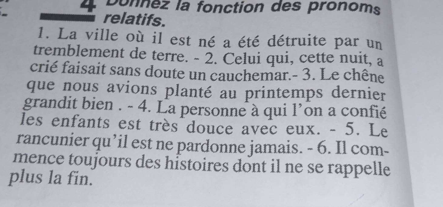 Donnez la fonction des pronoms 
relatifs. 
1. La ville où il est né a été détruite par un 
tremblement de terre. - 2. Celui qui, cette nuit, a 
crié faisait sans doute un cauchemar. - 3. Le chêne 
que nous avions planté au printemps dernier 
grandit bien . - 4. La personne à qui l'on a confié 
les enfants est très douce avec eux. - 5. Le 
rancunier qu’il est ne pardonne jamais. - 6. Il com- 
mence toujours des histoires dont il ne se rappelle 
plus la fin.