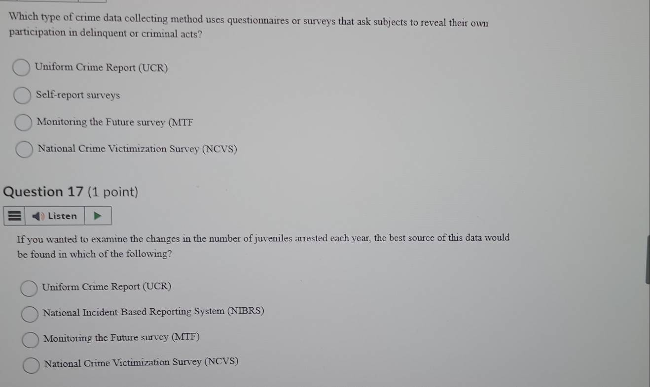 Solved: Which type of crime data collecting method uses questionnaires ...