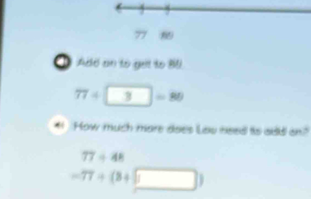 a
77
Ado an to gei to BU
77+□ =89
How much more does Loo need is aid on"
77/ 48
-77+(8+□ )