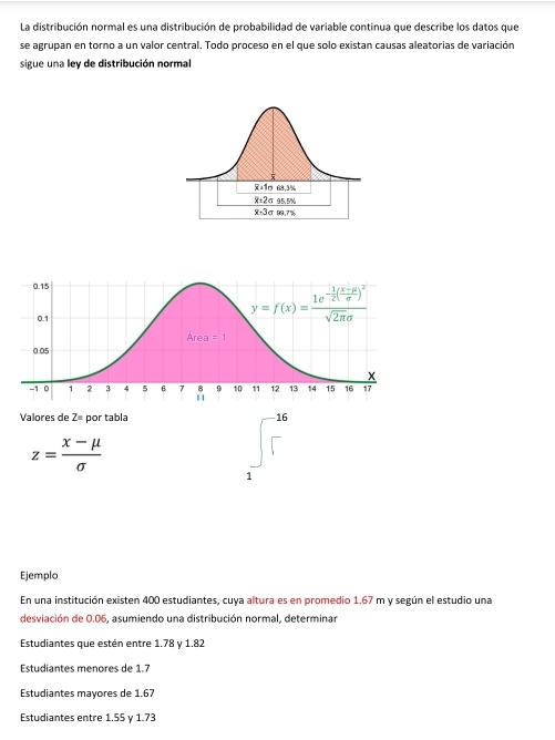 La distribución normal es una distribución de probabilidad de variable continua que describe los datos que
se agrupan en torno a un valor central. Todo proceso en el que solo existan causas aleatorias de variación
sigue una ley de distribución normal
Valores de Z= por tabla 16
z= (x-mu )/sigma  
1
Ejemplo
En una institución existen 400 estudiantes, cuya altura es en promedio 1.67 m y según el estudio una
desviación de 0.06, asumiendo una distribución normal, determinar
Estudiantes que estén entre 1.78 v 1.82
Estudiantes menores de 1.7
Estudiantes mayores de 1.67
Estudiantes entre 1.55 γ 1.73