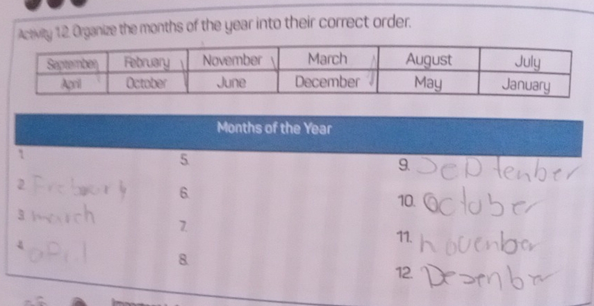 Activity 12. Organize the months of the year into their correct order.
Months of the Year
5 
9. 
6. 
2 10. 
3 
7. 
11. 
8 
12.