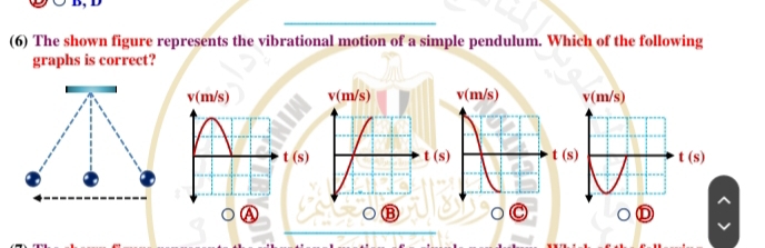 (6) The shown figure represents the vibrational motion of a simple pendulum. Which of the following
graphs is correct?
v(m/s) v(m/s) v(m/s)
t(s) t(s) t(s)
Ⓐ
D