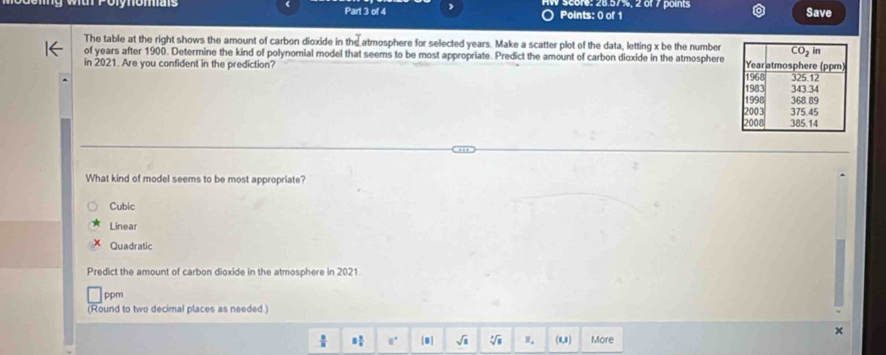 score: 28.57%, 2 of 7 points Save
The table at the right shows the amount of carbon dioxide in thd atmosphere for selected years. Make a scatter plot of the data, letting x be the number
of years after 1900. Determine the kind of polynomial model that seems to be most appropriate. Predict the amount of carbon dioxide in the atmosphere
in 2021. Are you confident in the prediction? 
What kind of model seems to be most appropriate?
Cubic
Linear
Quadratic
Predict the amount of carbon dioxide in the atmosphere in 2021.
ppm
(Round to two decimal places as needed )
 □ /□   8 2/8  □° 0 sqrt(a) sqrt[□](□ ) ". (8,8) More