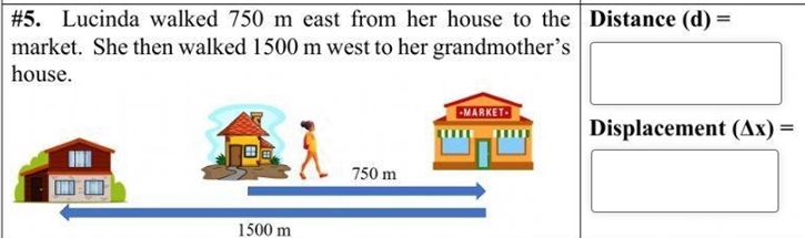 #5. Lucinda walked 750 m east from her house to the Distance (d) = 
market. She then walked 1500 m west to her grandmother’s 
house. 
placement (△ x)=
1500 m