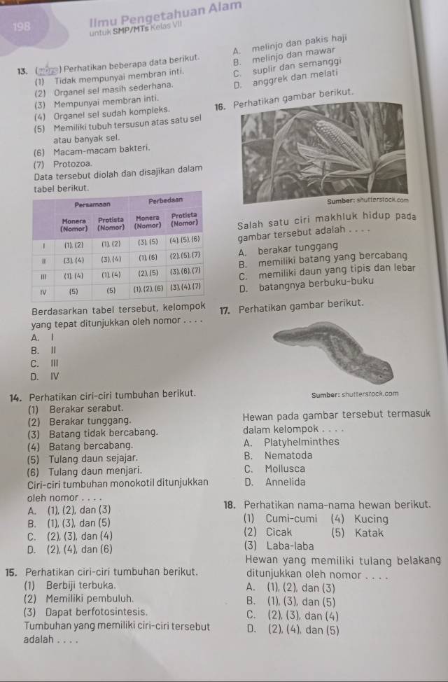 198 Ilmu Pengetahuan Alam
untuk SMP/MTs Kelas VII
13. () Perhatikan beberapa data berikut. A. melinjo dan pakis haji
B. melinjo dan mawar
(1) Tidak mempunyai membran inti. C. suplir dan semanggi
(2) Organel sel masih sederhana. D. anggrek dan melati
(3) Mempunyai membran inti.
(5) Memiliki tubuh tersusun atas satu sel 16mbar berikut.
(4) Organel sel sudah kompleks.
atau banyak sel.
(6) Macam-macam bakteri.
(7) Protozoa.
Data tersebut diolah dan disajikan dalam
erikut.
Salah satu ciri makhluk hidup pada
gambar tersebut adalah . . . .
A. berakar tunggang
B. memiliki batang yang bercabang
C. memiliki daun yang tipis dan lebar
D. batangnya berbuku-buku
Berdasarkan tabel tersebut, kelompo
yang tepat ditunjukkan oleh nomor . . . . 17. Perhatikan gambar berikut.
A. I
B. Ⅱ
C. Ⅲ
D. IV
14. Perhatikan ciri-ciri tumbuhan berikut. Sumber: shutterstock.com
(1) Berakar serabut.
(2) Berakar tunggang. Hewan pada gambar tersebut termasuk
(3) Batang tidak bercabang. dalam kelompok . . . .
(4) Batang bercabang. A. Platyhelminthes
(5) Tulang daun sejajar. B. Nematoda
(6) Tulang daun menjari. C. Mollusca
Ciri-ciri tumbuhan monokotil ditunjukkan D. Annelida
oleh nomor . . . .
A. (1), (2), dan (3) 18. Perhatikan nama-nama hewan berikut.
B. (1), (3), dan (5) (1) Cumi-cumi (4) Kucing
C. (2), (3), dan (4) (2) Cicak (5) Katak
D. (2), (4), dan (6) (3) Laba-laba
Hewan yang memiliki tulang belakan
15. Perhatikan ciri-ciri tumbuhan berikut. ditunjukkan oleh nomor . . . .
(1) Berbiji terbuka. A. (1), (2), dan (3)
(2) Memiliki pembuluh. B. (1), (3), dan (5)
(3) Dapat berfotosintesis. C. (2), (3), dan (4)
Tumbuhan yang memiliki ciri-ciri tersebut D. (2), (4), dan (5)
adalah . . . .