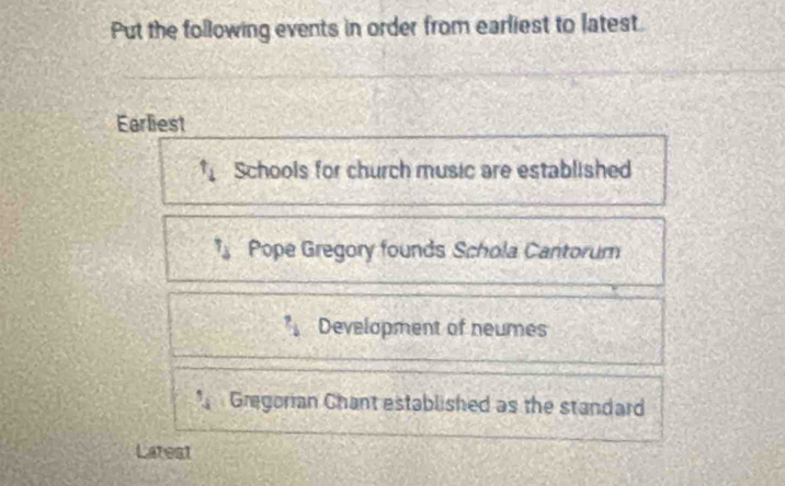 Put the following events in order from earliest to latest.
Earliest
Schools for church music are established
Pope Gregory founds Schola Cantorum
Development of neumes
Gregorian Chant established as the standard
Latest