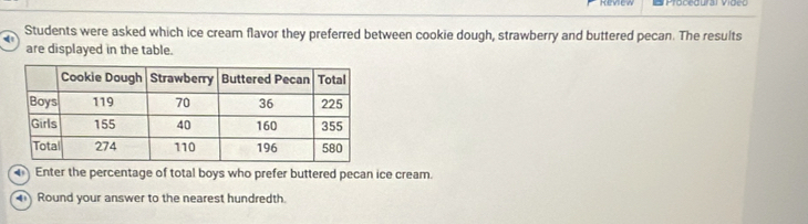 Procedural Video 
Students were asked which ice cream flavor they preferred between cookie dough, strawberry and buttered pecan. The results 
are displayed in the table. 
Enter the percentage of total boys who prefer buttered pecan ice cream. 
Round your answer to the nearest hundredth.