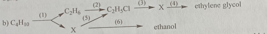 (2) 
(3) 
(1) C_2H_6_ ((2))^(□)□  C_2H_5Cl° -* frac (4) ethylene glycol 
b) C_4H_10- (5) (6) 
X 
ethanol