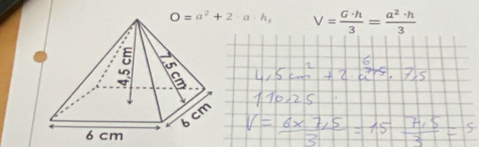 O=a^2+2· a· h, V= G· h/3 = a^2· h/3 