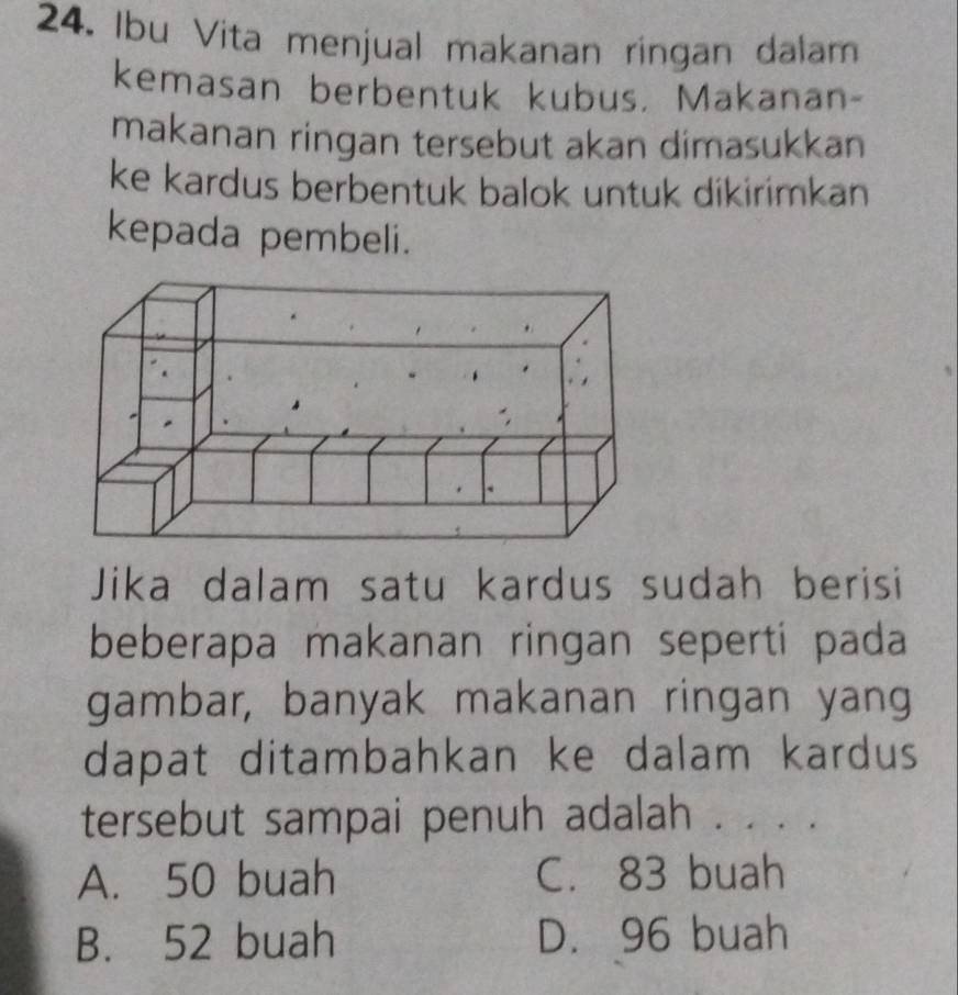 Ibu Vita menjual makanan ringan dalam
kemasan berbentuk kubus. Makanan-
makanan ringan tersebut akan dimasukkan
ke kardus berbentuk balok untuk dikirimkan
kepada pembeli.
Jika dalam satu kardus sudah berisi
beberapa makanan ringan seperti pada
gambar, banyak makanan ringan yang
dapat ditambahkan ke dalam kardus
tersebut sampai penuh adalah . . . .
A. 50 buah C. 83 buah
B. 52 buah D. 96 buah