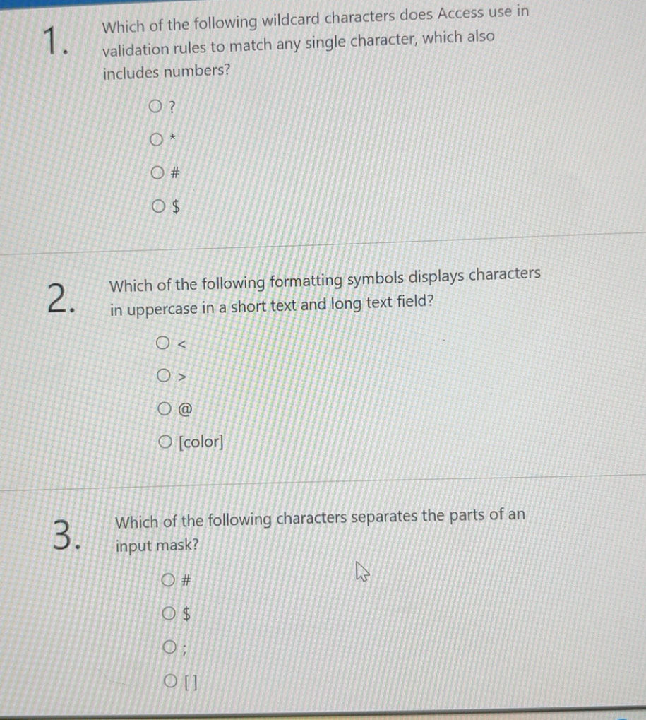 Solved: Which of the following wildcard characters does Access use in ...