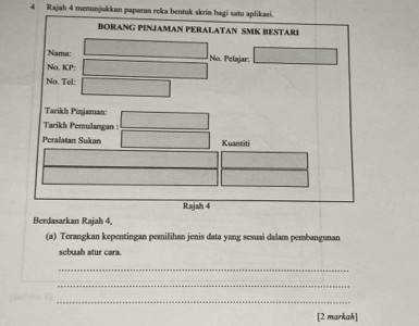 Rajah 4 menunjukkan paporan reka bentuk skrín bagi satu aplikasi. 
BORANG PINJAMAN PERALATAN SMK BESTARI 
Nama: 
No. KP: No. Pelajar: 
No. Tel: 
Tarikh Pinjaman: 
Tarikh Pemulangan : 
Peralatan Sukan Kuantiti 
Rajalh 4 
Berdasarkan Rajah 4, 
(a) Terangkan kepentingan pemilihan jenis data yang sesuai dalam pembangunan 
sebuah atur cara. 
_ 
_ 
_ 
[2 markah]