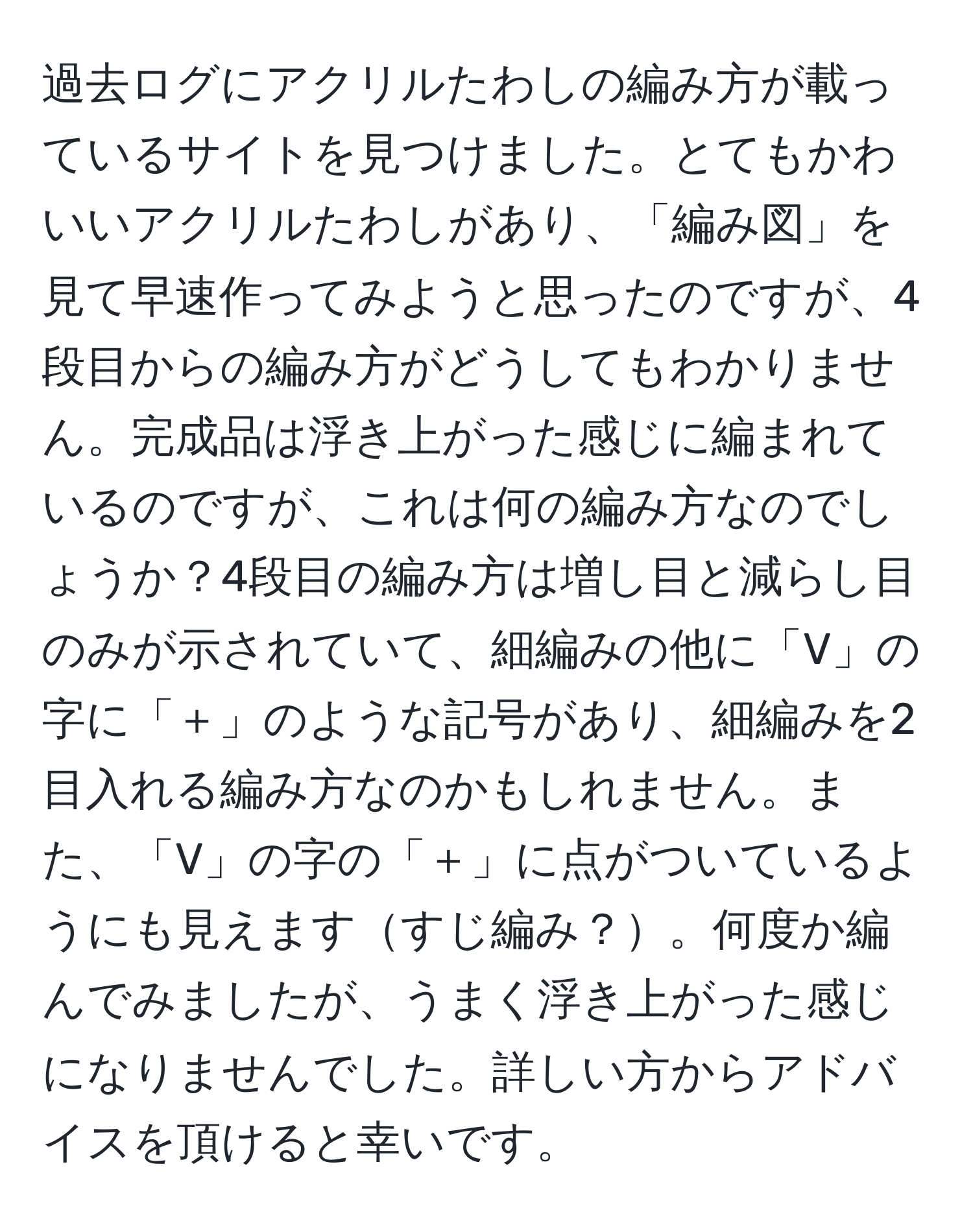 過去ログにアクリルたわしの編み方が載っているサイトを見つけました。とてもかわいいアクリルたわしがあり、「編み図」を見て早速作ってみようと思ったのですが、4段目からの編み方がどうしてもわかりません。完成品は浮き上がった感じに編まれているのですが、これは何の編み方なのでしょうか？4段目の編み方は増し目と減らし目のみが示されていて、細編みの他に「V」の字に「＋」のような記号があり、細編みを2目入れる編み方なのかもしれません。また、「V」の字の「＋」に点がついているようにも見えますすじ編み？。何度か編んでみましたが、うまく浮き上がった感じになりませんでした。詳しい方からアドバイスを頂けると幸いです。