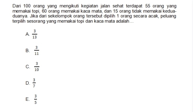 Dari 100 orang yang mengikuti kegiatan jalan sehat terdapat 55 orang yang
memakai topi, 60 orang memakai kaca mata, dan 15 orang tidak memakai kedua-
duanya. Jika dari sekelompok orang tersebut dipilih 1 orang secara acak, peluang
terpilih sesorang yang memakai topi dan kaca mata adalah...
A.  3/13 
B.  3/11 
C.  3/10 
D.  3/7 
E.  3/5 