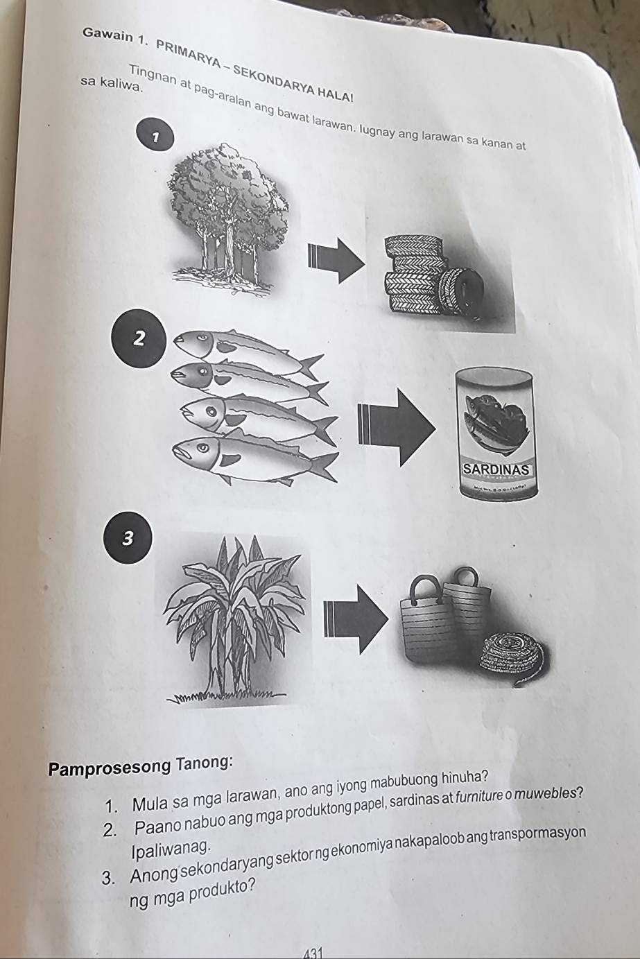 Gawain 1. PRIMARYA - SEKONDARYA HALA 
sa kaliwa. 
Tingnan at pag-aralan ang bawat larawan, lugnay ang larawan sa kanan a 
1 
2 
SARDINAS 
3 
Pamprosesong Tanong: 
1. Mula sa mga larawan, ano ang iyong mabubuong hinuha? 
2. Paano nabuo ang mga produktong papel, sardinas at furniture o muwebles? 
Ipaliwanag. 
3. Anong sekondaryang sektor ng ekonomiya nakapaloob ang transpormasyon 
ng mga produkto? 
431