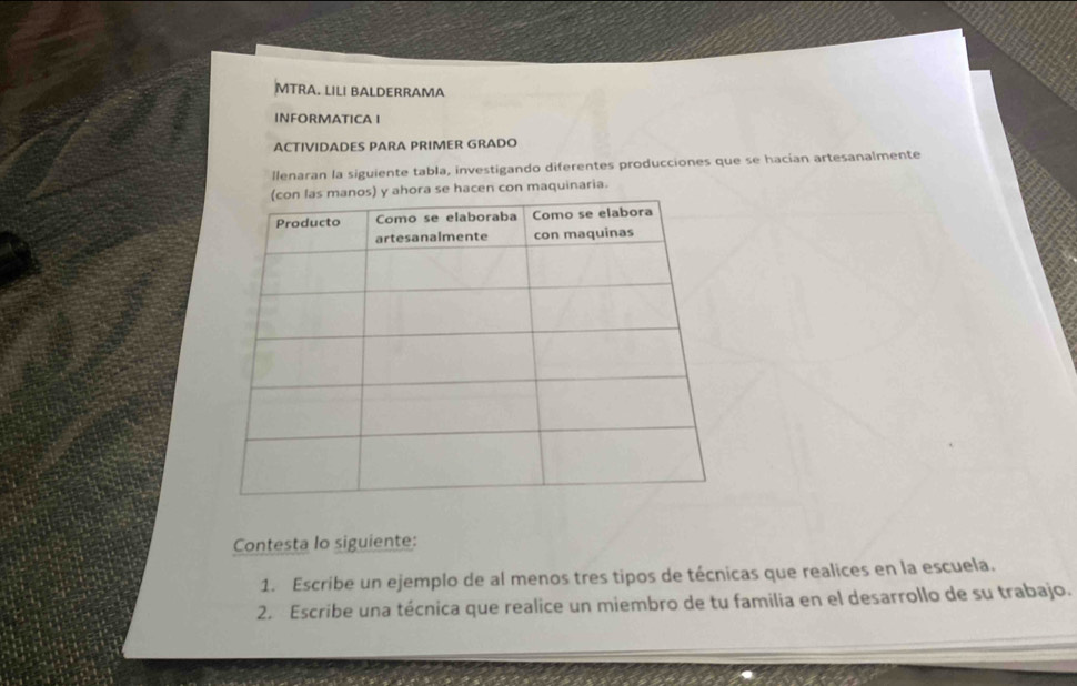 MTRA. LILI BALDERRAMA 
INFORMATICA I 
ACTIVIDADES PARA PRIMER GRADO 
llenaran la siguiente tabla, investigando diferentes producciones que se hacían artesanalmente 
ora se hacen con maquinaria. 
Contesta lo siguiente: 
1. Escribe un ejemplo de al menos tres tipos de técnicas que realices en la escuela. 
2. Escribe una técnica que realice un miembro de tu familia en el desarrollo de su trabajo.