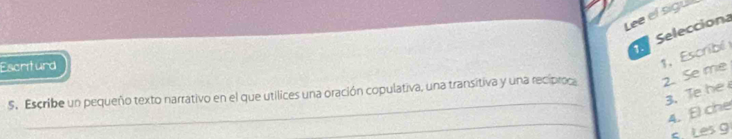 Lee el sigui 
Seleccion 
Escriturd 
1, Escribl 
$. Escribe un pequeño texto narrativo en el que utilices una oración copulativa, una transitiva y una recíproc 
2. Se me 
_ 
3. e 
_ 
4. El che 
5. Les g