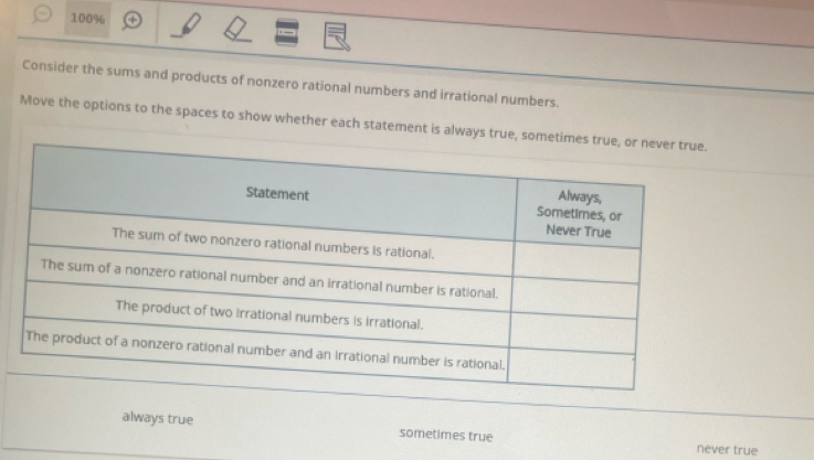 100%
Consider the sums and products of nonzero rational numbers and irrational numbers.
Move the options to the spaces to show whether each statement is always true
always true sometimes true never true