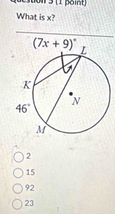 on 5 (1 point)
What is x?
2
15
92
23