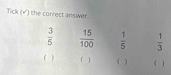 Tick (✓) the correct answer.
 3/5   15/100   1/5   1/3 
( )  ) ( ) ( )