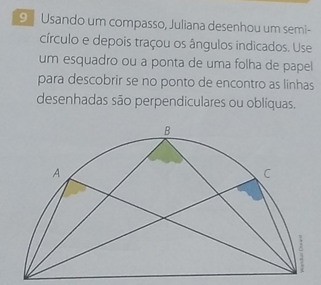 Usando um compasso, Juliana desenhou um semi- 
círculo e depois traçou os ângulos indicados. Use 
um esquadro ou a ponta de uma folha de papel 
para descobrir se no ponto de encontro as linhas 
desenhadas são perpendiculares ou oblíquas.