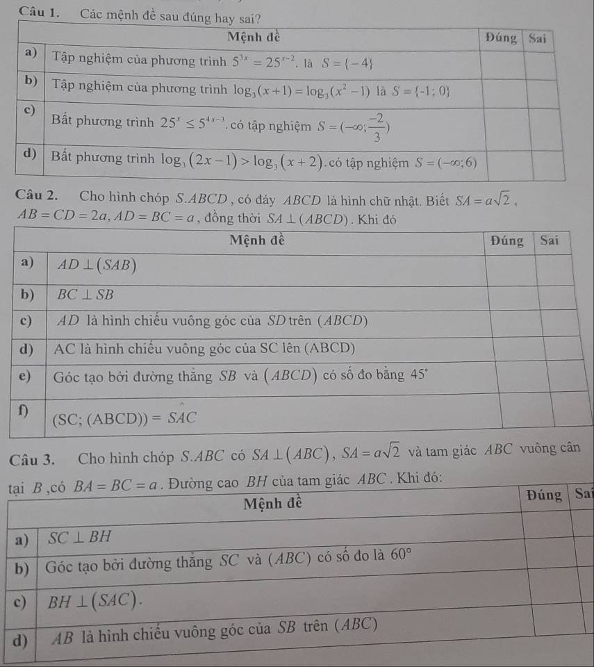 Các mệnh đề sa
Câu 2. Cho hình chóp S.ABCD , có đáy ABCD là hình chữ nhật. Biết SA=asqrt(2),
AB=CD=2a,AD=BC=a , đồng thờ
Câu 3. Cho hình chóp S.ABC có SA⊥ (ABC),SA=asqrt(2) và tam giác ABC vuông cân
tó:
ai