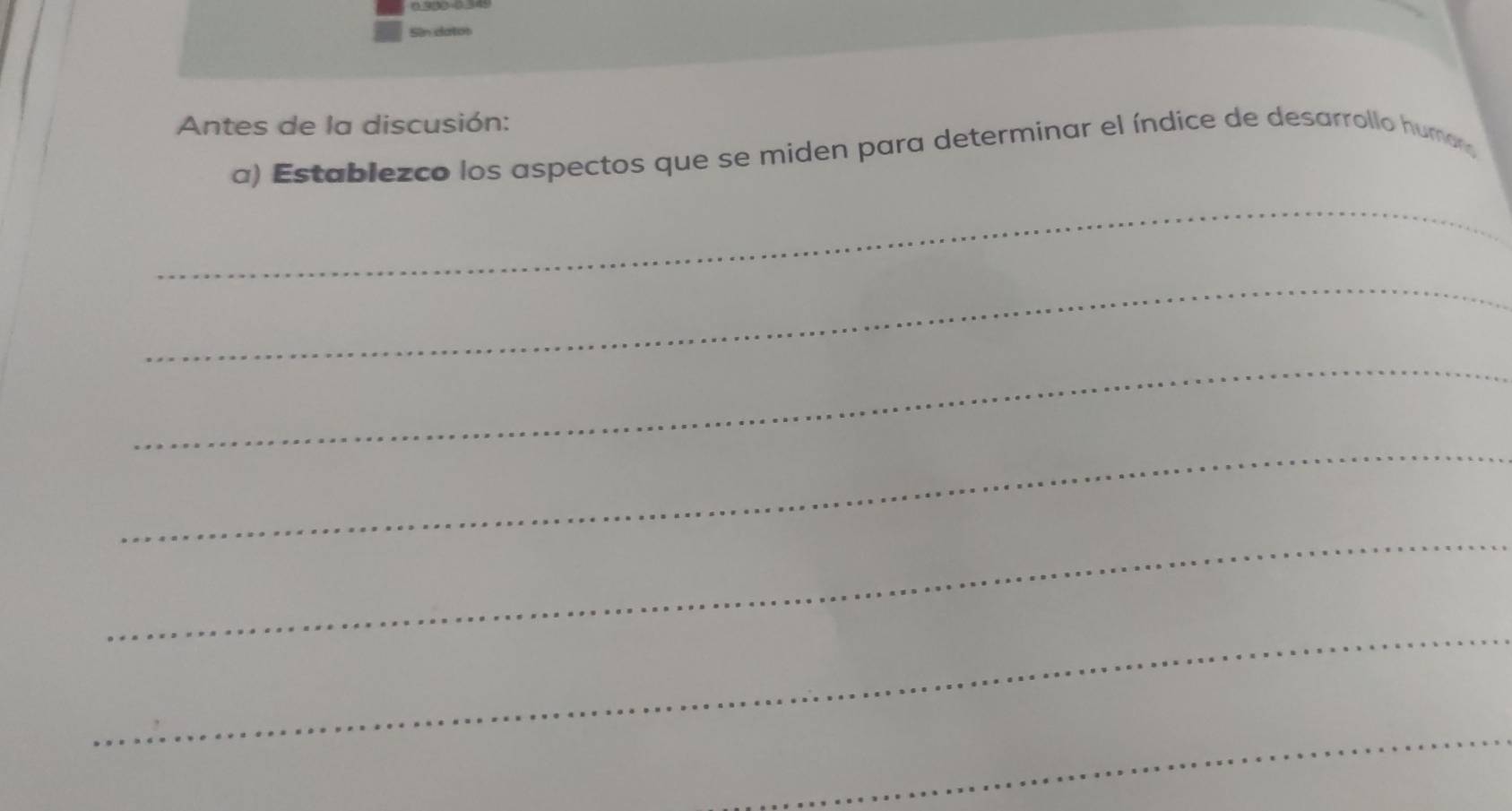 Sin datos 
Antes de la discusión: 
a) Establezco los aspectos que se miden para determinar el índice de desarrollo humon 
_ 
_ 
_ 
_ 
_ 
_ 
_