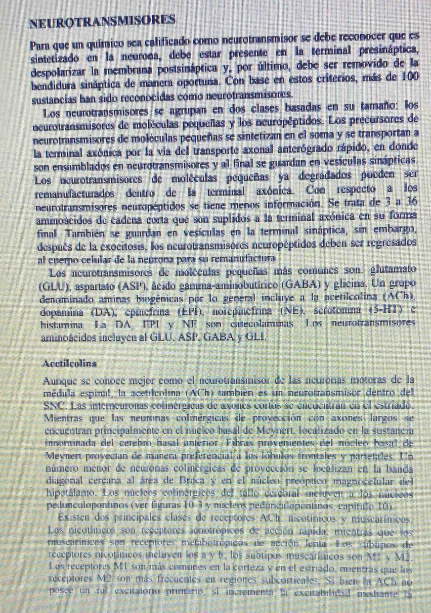 NEUROTRANSMISORES
Para que un químico sea calificado como neurotransmisor se debe reconocer que es
sintetizado en la neurona, debe estar presente en la terminal presináptica,
despolarizar la membrana postsináptica y, por último, debe ser removido de la
bendidura sináptica de manera oportuna. Con base en estos criterios, más de 100
sustancias han sido reconocidas como neurotransmisores.
Los neurotransmisores se agrupan en dos clases basadas en su tamaño: los
neurotransmisores de moléculas pequeñas y los neuropéptidos. Los precursores de
neurotransmisores de moléculas pequeñas se sintetizan en el soma y se transportan a
la terminal axónica por la via del transporte axonal anterógrado rápido, en donde
son ensamblados en neurotransmisores y al final se guardan en vesículas sinápticas.
Los neurotransmisores de moléculas pequeñas ya degradados pueden ser
remanufacturados dentro de la terminal axónica. Con respecto a los
neurotransmisores neuropéptidos se tiene menos información. Se trata de 3 a 36
aminoácidos de cadena corta que son suplidos a la terminal axónica en su forma
final. También se guardan en vesículas en la terminal sináptica, sin embargo,
después de la exocitosis, los neurotransmisores neuropéptidos deben ser regresados
al cuerpo celular de la neurona para su remanufactura
Los neurotransmisores de moléculas pequeñas más comunes son: glutamato
(GLU), aspartato (ASP) , ácido gamma-aminobutírico (GABA) y glicina. Un grupo
denominado aminas biogênicas por lo general incluye a la acetilcolina (ACh),
dopamina (DA), epinefrina (EPI), norepinefrina (NE), scrotonina (5-HT) c
histamina La DA FPI y NE son catecolaminas Los neurotransmisores
aminoácidos incluyen al GLU, ASP, GABA y GLI.
Acctilcolina
Aunque se conoée mejor comó el neurotransmisor de las neuronas motoras de la
médula espinal, la acetilcolina (ACh) también es un neurotransmisor dentro del
SNC. Las interneuronas colinérgicas de axones cortos se encuentran en el estriado.
Mientras que las neuronas colmérgicas de proyección con axones largos se
encuentran principalmente en el núclco basal de Meynert, localizado en la sustancia
innominada del cerebro basal anterior. Fibras provementes del núcleo basal de
Meynert proyecian de manera preferencial a los lóbulos frontales y parsetales. Un
número menor de neuronas colmérgicas de proyección se lecalizan en la banda
diagonal cercana al área de Broca y en el núcleo preóptico magnocelular del
hipotálamo. Los núcieos colinérgicos del tallo cerebral incluyen a los núcicos
pedunculopontinos (ver figuras 10-3 y núcleos pedunculopentinos, capítulo 10)
Existen dos principales clases de receptores ACh: nicotínicos y muscarínicos.
Los nicotínicos son receptores ionotrópicos de acción rápida, mientras que los
muscariticos son receptores metabotrópicos de acción lenta Los subtipos de
receptores nicotínicos incluyen los a y b; los subtipos musearínicos son M1 y M2.
Los receptores M1 són más comunes en la corteza y en el estriado, mmentras que los
receptores M2 son más frecuentes en regiones subcorticales. Si bien la ACh no
posee un tol excitatórió primario, si incrementa la excitabilidad mediante la