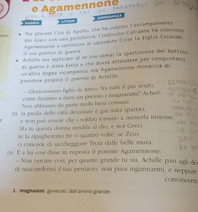 Agamennone 
ARROGANZA 
RABBIA LITIGIO 
dei Greci con una pestilenza, l'indovino Calcante ha convinto 
rano 
Per placare l'ira di Apollo, che ha colpito l'accampamento 
Agamennone a restituire al sacerdote Crise la figlia Criseide. 
il suo premio di guerra. 
Achille osa replicare al re che ormai la spartizione del bottino 
di guerra è stata fatta e che dovrà attendere per conquistarsi 
un altra degna ricompensa, ma Agamennone minaccia di 
prendere proprio il premio di Achille. 
- Gloriosissimo figlio di Atreo, fra tutti il più avido, 
come faranno a darti un premio i magnanimi' Achei? 
Non abbiamo da parte molti beni comuni:
25 la preda delle città devastate è già stata spartita, 
e non può essere che i soldati tornino a metterla insieme. 
Ma tu questa donna rendila al dio, e noi Greci 
te la ripagheremo tre o quattro volte, se Zeus 
ci concede di saccheggiare Troia dalle belle mura.
130 E a lui così disse in risposta il potente Agamennone: 
- Non cercare così, per quanto grande tu sia, Achille pari agli dei 
di nascondermi il tuo pensiero: non puoi ingannarmi, e neppure 
convincerm 
1. magnanimi: generosi, dall animo grande.