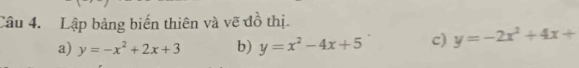 Lập bảng biến thiên và vẽ đồ thị.
a) y=-x^2+2x+3 b) y=x^2-4x+5
c) y=-2x^2+4x+