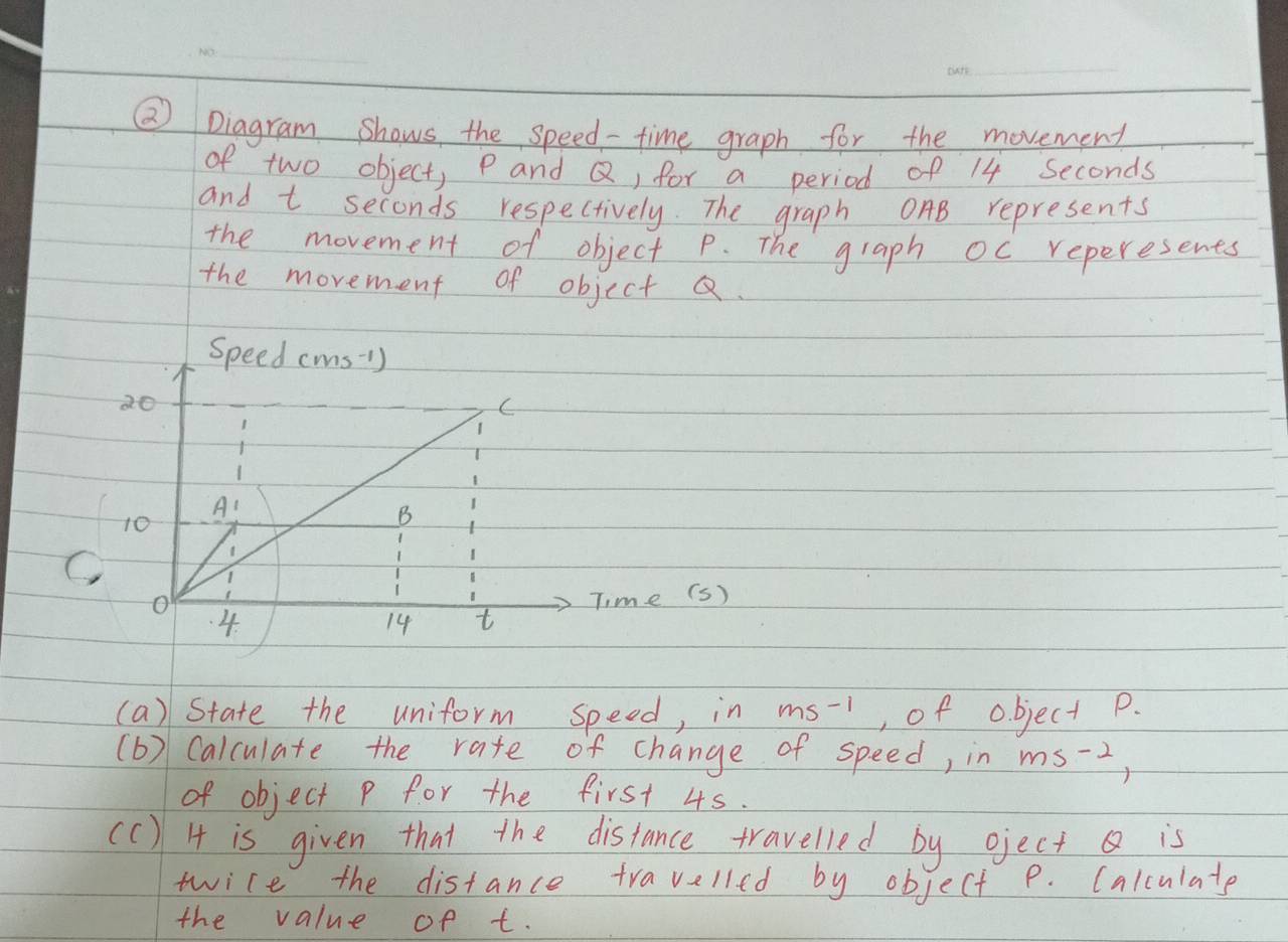 ② Diagram shows the speed - time graph for the movement 
of two object, P and Q, for a period of 14 Seconds
and t seconds respectively. The graph OAB represents 
the movement of object P. The graph oc reperesents 
the movement of object Q
speed cms-1)
20
C
A'
10
B 
C
1
o
Time (s) 
4.
14 t
(a) State the uniform speed, in ms^(-1) , of object p. 
(b) Calculate the rate of change of speed, in ms^(-2), 
of object p for the first 4s. 
(c) H is given that the distance travelled by oject Q is 
twice the distance travelled by object p. Calculate 
the value of t.