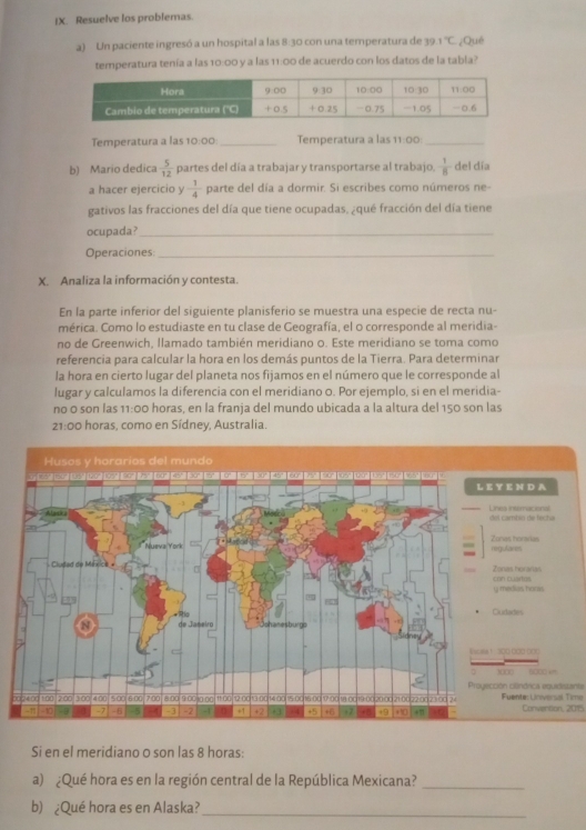 Resuelve los problemas. 
a) Un paciente ingresó a un hospital a las 8:30 con una temperatura de 19.1°C ¿Qué 
temperatura tenía a las 10:00 y a las 11:00 de acuerdo con los datos de la tabla? 
Temperatura a las 10:00_ Temperatura a las 11:00:_ 
b) Mario dedica  5/12  partes del día a trabajar y transportarse al trabajo.  1/8  del día 
a hacer ejercicio y  1/4  parte del día a dormir. Si escribes como números ne- 
gativos las fracciones del día que tiene ocupadas, ¿qué fracción del día tiene 
ocupada?_ 
Operaciones_ 
X. Analiza la información y contesta. 
En la parte inferior del siguiente planisferio se muestra una especie de recta nu- 
mérica. Como lo estudiaste en tu clase de Geografía, el o corresponde al meridia- 
no de Greenwich, Ilamado también meridiano o. Este meridiano se toma como 
referencia para calcular la hora en los demás puntos de la Tierra. Para determinar 
la hora en cierto lugar del planeta nos fijamos en el número que le corresponde al 
lugar y calculamos la diferencia con el meridiano o. Por ejemplo, si en el meridia- 
no 0 son las 11:00 horas, en la franja del mundo ubicada a la altura del 150 son las
21:0 。 o horas, como en Sídney, Australia. 
Proyección clândrica equidistante 
0Fuente: Universal Time Convertion, 2015 
Si en el meridiano 0 son las 8 horas: 
a) ¿Qué hora es en la región central de la República Mexicana?_ 
b) ¿Qué hora es en Alaska? 
_