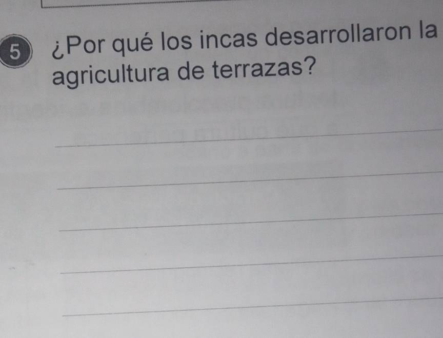 5)¿Por qué los incas desarrollaron la 
agricultura de terrazas? 
_ 
_ 
_ 
_ 
_