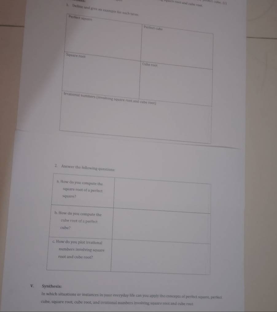 Vect cabe (c 
Mare root and cube root. 
E Define and g 
2. Answer the follow 
V. Synthesis: 
In which situations or instances in your everyday life can you apply the concepts of perfect square, perfect 
cube, square root, cube root, and irrational numbers involving square root and cube root