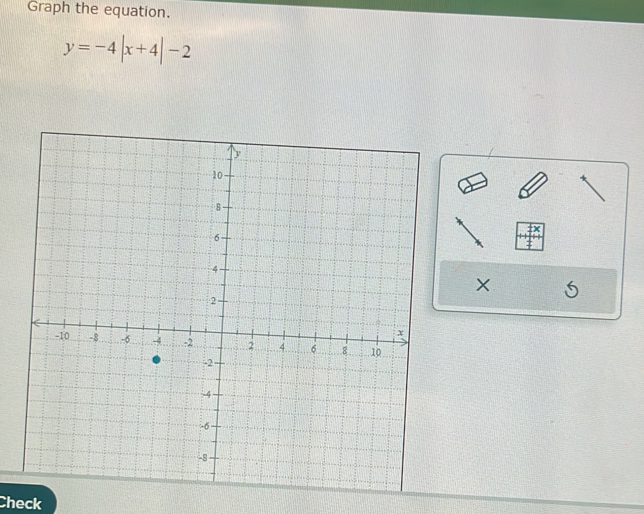 Graph the equation.
y=-4|x+4|-2
×
6
Check