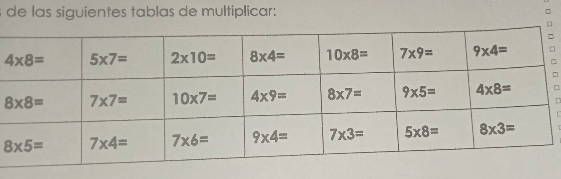 de las siguientes tablas de multiplicar: