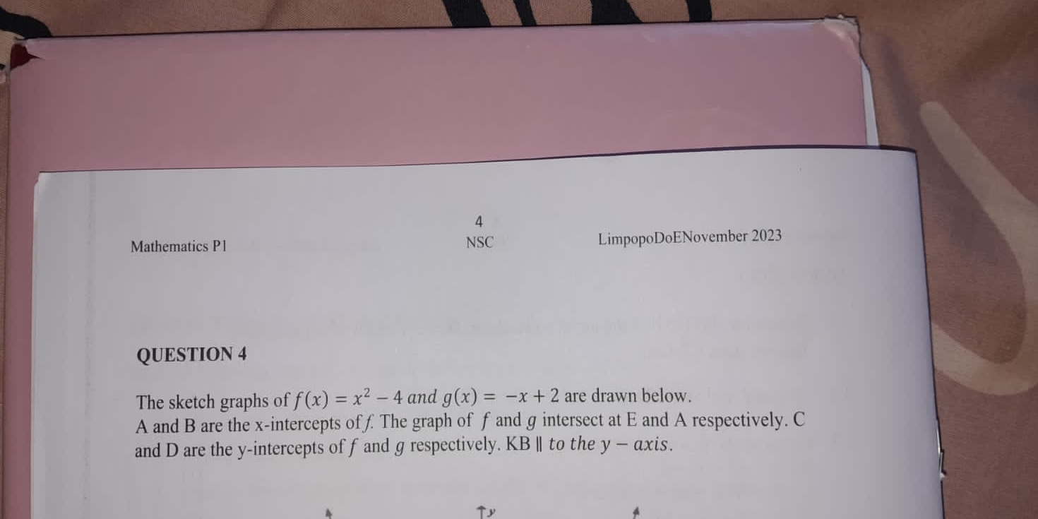 Mathematics P1 NSC LimpopoDoENovember 2023
QUESTION 4
The sketch graphs of f(x)=x^2-4 and g(x)=-x+2 are drawn below.
A and B are the x-intercepts off The graph of f and g intersect at E and A respectively. C
and D are the y-intercepts off and g respectively. KB ‖ to the y-axis.