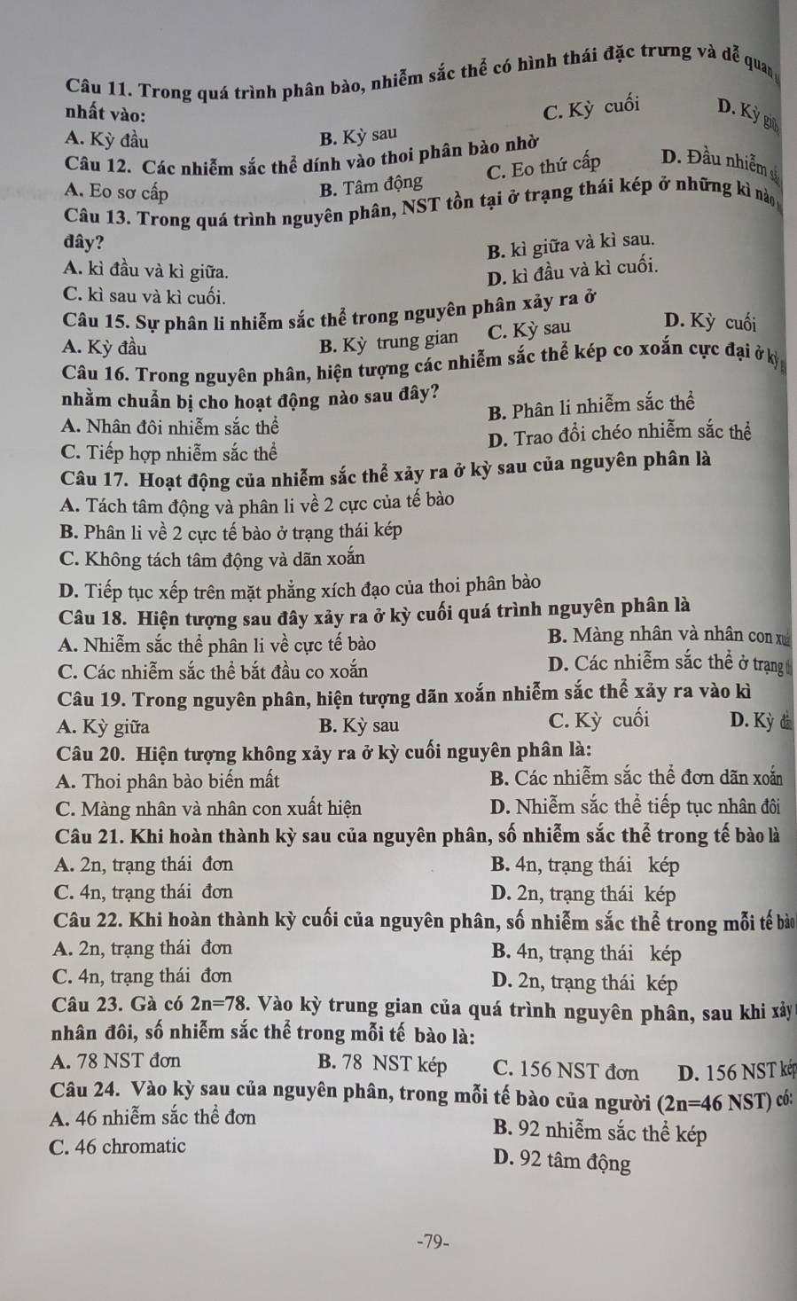 Trong quá trình phân bào, nhiễm sắc thể có hình thái đặc trưng và dễ quan
nhất vào:
C. Kỳ cuối D. Kỳ giả
A. Kỳ đầu B. Kỳ sau
Câu 12. Các nhiễm sắc thể dính vào thoi phân bào nhờ
A. Eo sơ cấp
B. Tâm động C. Eo thứ cấp D. Đầu nhiễm s
Câu 13. Trong quá trình nguyên phân, NST tồn tại ở trạng thái kép ở những kì nào
đây?
B. kì giữa và kì sau.
A. kì đầu và kì giữa.
D. kì đầu và kì cuối.
C. kì sau và kì cuối.
Câu 15. Sự phân li nhiễm sắc thể trong nguyên phân xảy ra ở
A. Kỳ đầu B. Kỳ trung gian C. Kỳ sau D. Kỳ cuối
Câu 16. Trong nguyên phân, hiện tượng các nhiễm sắc thể kép co xoắn cực đại ở kỷ
nhằm chuẩn bị cho hoạt động nào sau đây?
B. Phân li nhiễm sắc thể
A. Nhân đôi nhiễm sắc thể
C. Tiếp hợp nhiễm sắc thể D. Trao đổi chéo nhiễm sắc thể
Câu 17. Hoạt động của nhiễm sắc thể xảy ra ở kỳ sau của nguyên phân là
A. Tách tâm động và phân li về 2 cực của tế bào
B. Phân li về 2 cực tế bào ở trạng thái kép
C. Không tách tâm động và dãn xoắn
D. Tiếp tục xếp trên mặt phẳng xích đạo của thoi phân bào
Câu 18. Hiện tượng sau đây xảy ra ở kỳ cuối quá trình nguyên phân là
A. Nhiễm sắc thể phân li về cực tế bào
B. Màng nhân và nhân con xuã
C. Các nhiễm sắc thể bắt đầu co xoắn
D. Các nhiễm sắc thể ở trạng 
Câu 19. Trong nguyên phân, hiện tượng dãn xoắn nhiễm sắc thể xảy ra vào kì
A. Kỳ giữa B. Kỳ sau C. Kỳ cuối D. Kỳ đà
Câu 20. Hiện tượng không xảy ra ở kỳ cuối nguyên phân là:
A. Thoi phân bào biến mất B. Các nhiễm sắc thể đơn dãn xoắn
C. Màng nhân và nhân con xuất hiện D. Nhiễm sắc thể tiếp tục nhân đôi
Câu 21. Khi hoàn thành kỳ sau của nguyên phân, số nhiễm sắc thể trong tế bào là
A. 2n, trạng thái đơn B. 4n, trạng thái kép
C. 4n, trạng thái đơn D. 2n, trạng thái kép
Câu 22. Khi hoàn thành kỳ cuối của nguyên phân, số nhiễm sắc thể trong mỗi tế bào
A. 2n, trạng thái đơn B. 4n, trạng thái kép
C. 4n, trạng thái đơn D. 2n, trạng thái kép
Câu 23. Gà có 2n=78. Vào kỳ trung gian của quá trình nguyên phân, sau khi xảy
nhân đôi, số nhiễm sắc thể trong mỗi tế bào là:
A. 78 NST đơn B. 78 NST kép C. 156 NST đơn D. 156 NST kp
Câu 24. Vào kỳ sau của nguyên phân, trong mỗi tế bào của người (2n=46NST) có:
A. 46 nhiễm sắc thể đơn B. 92 nhiễm sắc thể kép
C. 46 chromatic
D. 92 tâm động
-79-