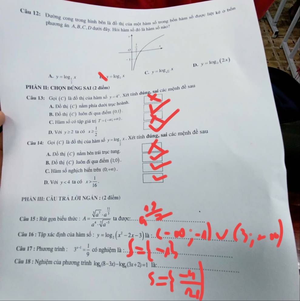 Đường cong trong hình bên là đồ thị của một hàm số trong bốn hàm số được tiệt kê ở bốn
phương án A,B,C, D dưới đây. Hỏi hàm số đồ là hàm số nào?
D. y=log _2(2x)
C.
A. y=log _ 1/2 x
y=log _2x
PHẢN II: CHQN ĐÚNG SAI (2 điểm)
Câu 13: Gọi (C) là đồ thị của hàm số y=4'. Xét tính đúng, sai các mệnh đề sau
A. Đồ thị (C) nằm phía dưới trục hoành.
B. Đồ thị (C) luôn đi qua điểm 0

C. Hàm số có tập giá trị T=(-∈fty ,+∈fty ).
D. Với y≥ 2 ta có x≥  1/2 
Câu 14: Gọi (C) là đồ thị của hàm số y=log _ 1/2 x. Xét tính đúng, sai các mệnh đề sau
A. Đồ thị (C) nằm bên trái trục tung.
B. Đồ thị (C) luôn đi qua điểm (1;0).
C. Hàm số nghịch biến trên (0;+∈fty ).
D. Với y<4</tex> ta có x> 1/16 .
PHÂN III: CÂU TRÁ LỜI NGÂN : (2 điểm)
Câu 15 : Rút gọn biểu thức : A=frac sqrt[3](a^7)· a^(frac 11)3a^4· sqrt[7](a^(-5)) ta được:_
Câu 16 : Tập xác định của hàm số : y=log _2(x^2-2x-3) là :_
*  Câu 17 : Phương trình : 3^(x-1)= 1/9  có nghiệm là :__
Câu 18 : Nghiệm của phương trình log _6(8-3x)-log _6(3x+2)=1 là:_