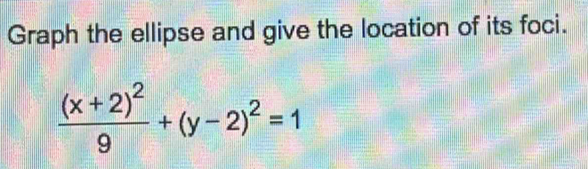 Graph the ellipse and give the location of its foci.
frac (x+2)^29+(y-2)^2=1