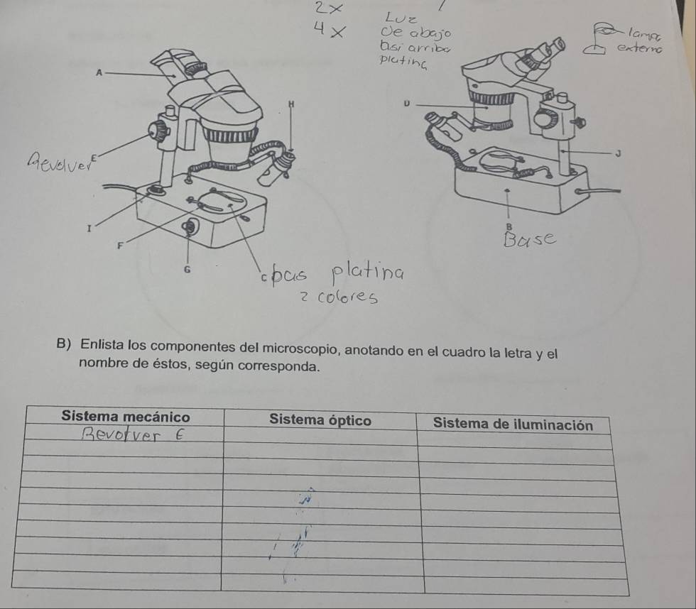 Enlista los componentes del microscopio, anotando en el cuadro la letra y el 
nombre de éstos, según corresponda.